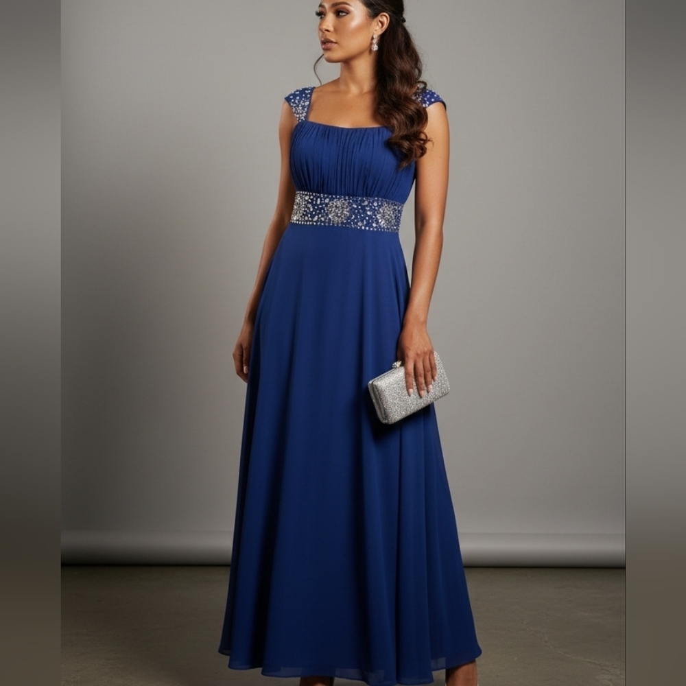Elegant Blue Evening Gown. Rhinestone Embellished Waist. Size 16.